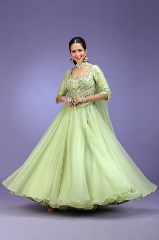Pistachio Green Embroidered Anarkali Gown with Jacket & Dupatta
