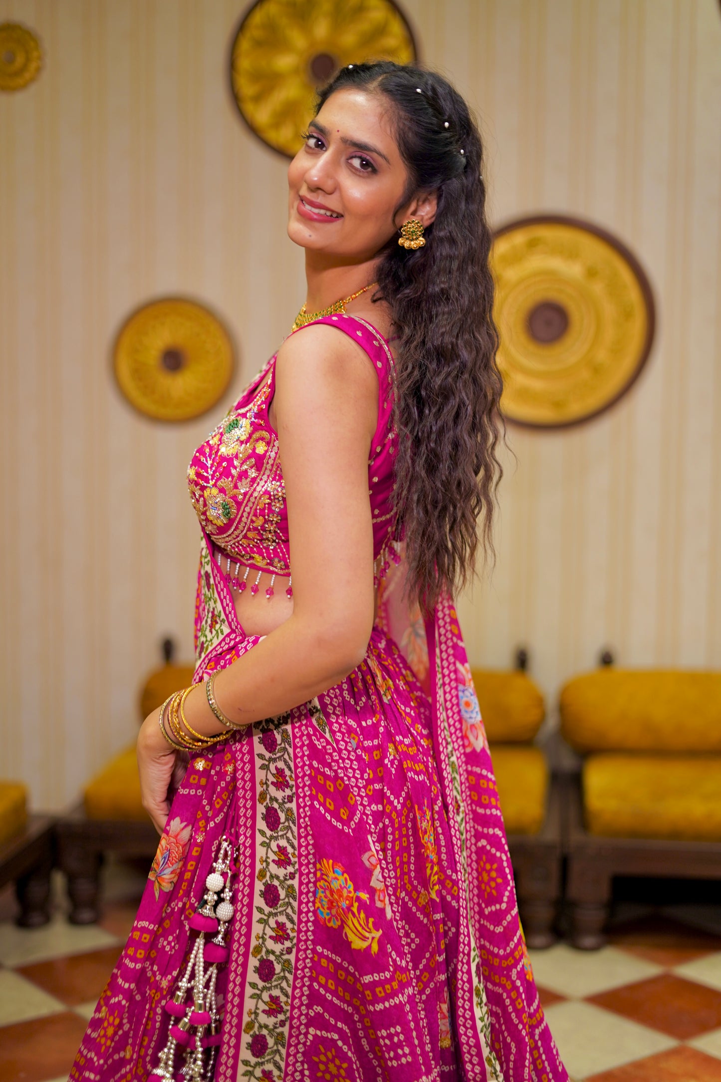 Pink Bandhani Print Lehenga Choli with Embroidered Blouse & Tassel Dupatta