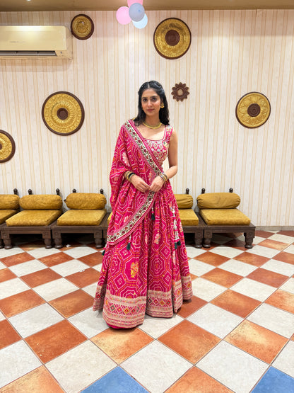 Pink Bandhani Print Lehenga Choli with Embroidered Blouse & Tassel Dupatta