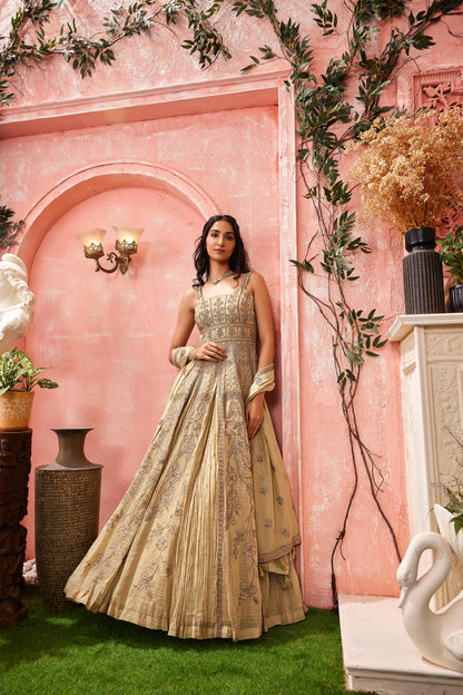 Beige Gold Embroidered Sleeveless Anarkali Set with Dupatta