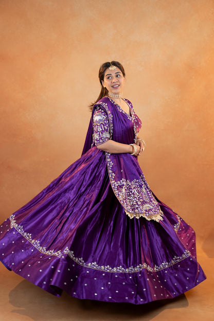 Royal Purple Gaji Silk Lehenga Set with Embroidered Blouse & Dupatta