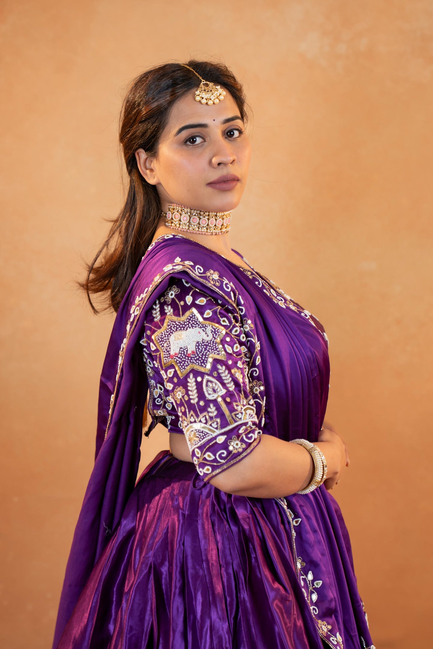 Royal Purple Gaji Silk Lehenga Set with Embroidered Blouse & Dupatta