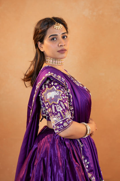 Royal Purple Gaji Silk Lehenga Set with Embroidered Blouse & Dupatta