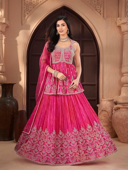 Rani Pink Embroidered Lehenga Choli Set with Designer Peplon & Dupatta