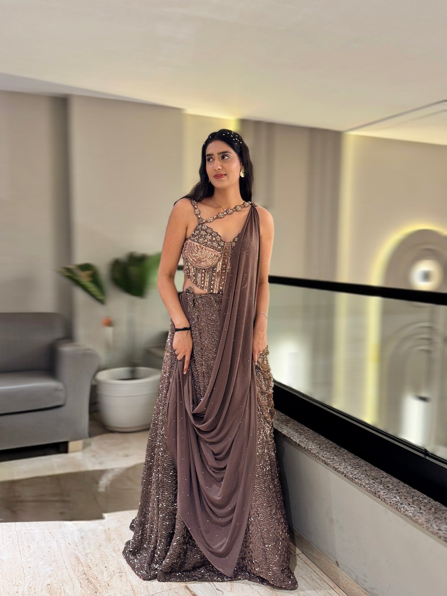 Mocha Glam Sequins Lehenga Set with Statement Blouse & Drape Dupatta