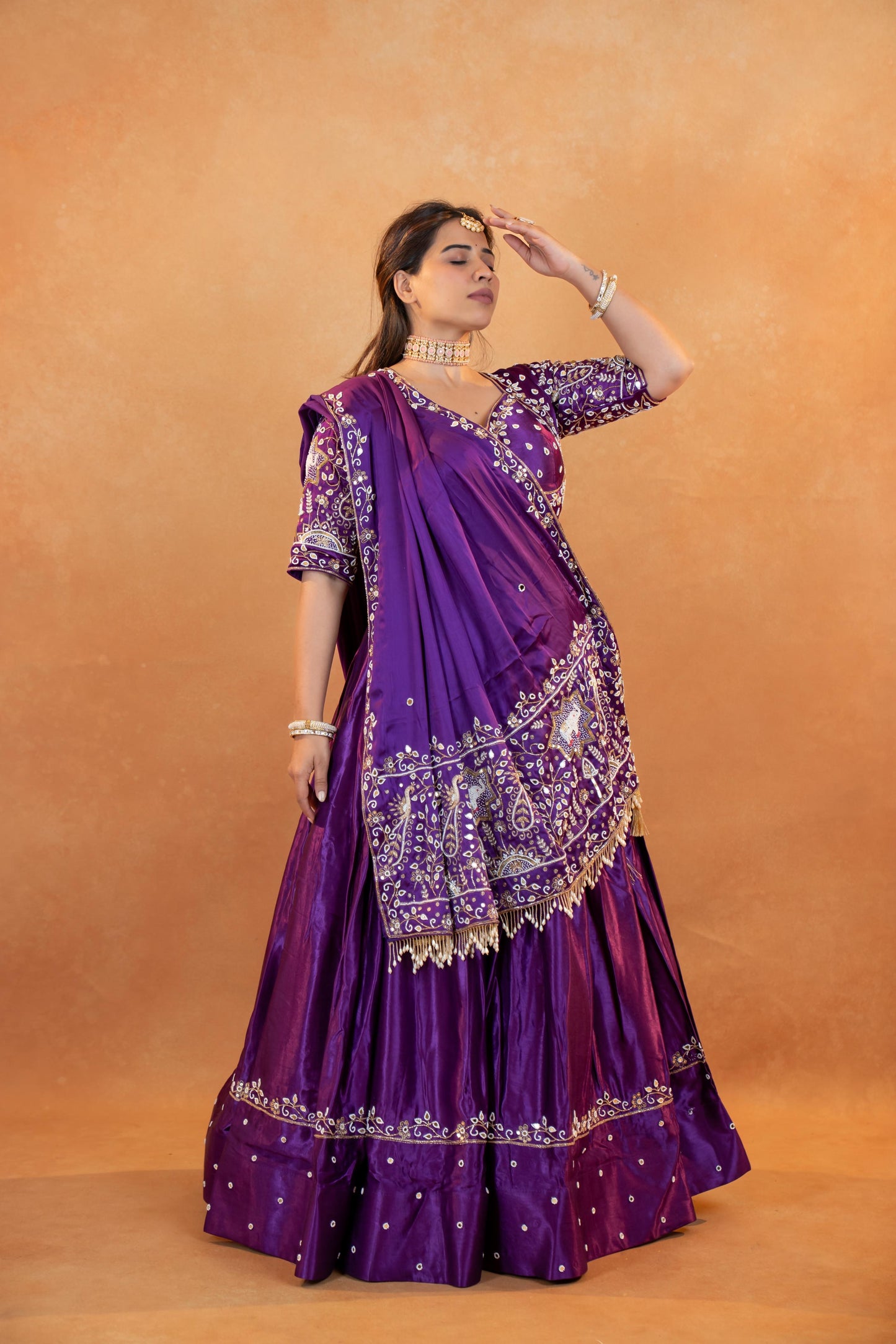 Royal Purple Gaji Silk Lehenga Set with Embroidered Blouse & Dupatta