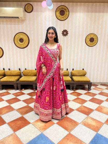 Pink Bandhani Print Lehenga Choli with Embroidered Blouse & Tassel Dupatta
