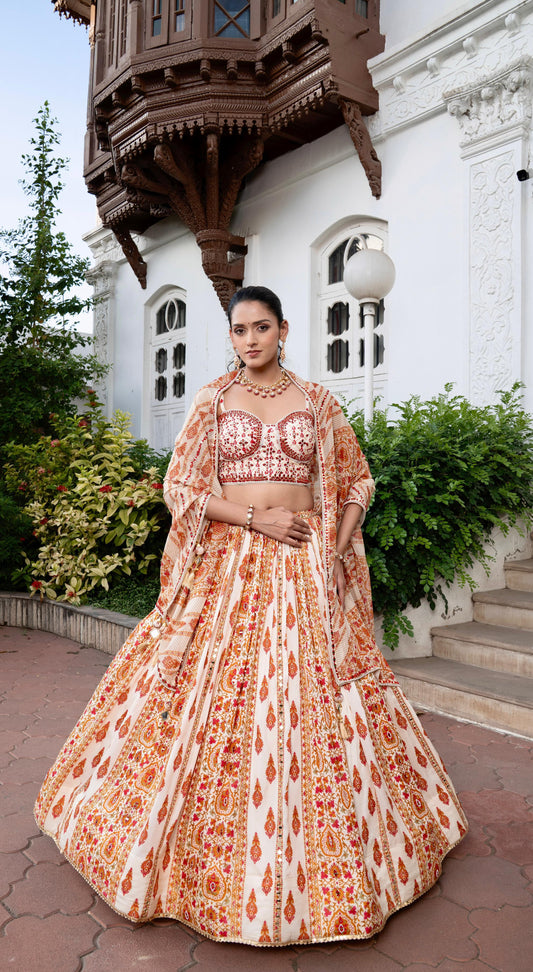 Ivory & Rust Embroidered Lehenga Choli Set with Dupatta