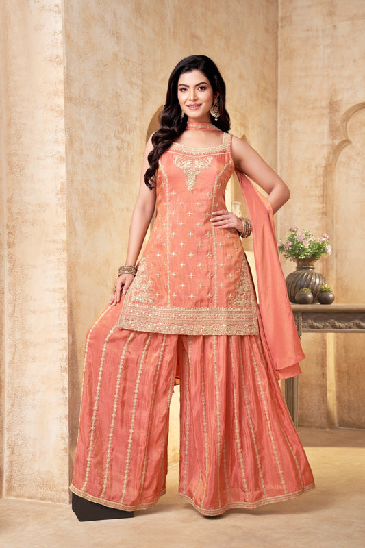 Elegant Embroidered Kurti Sharara Set with Dupatta