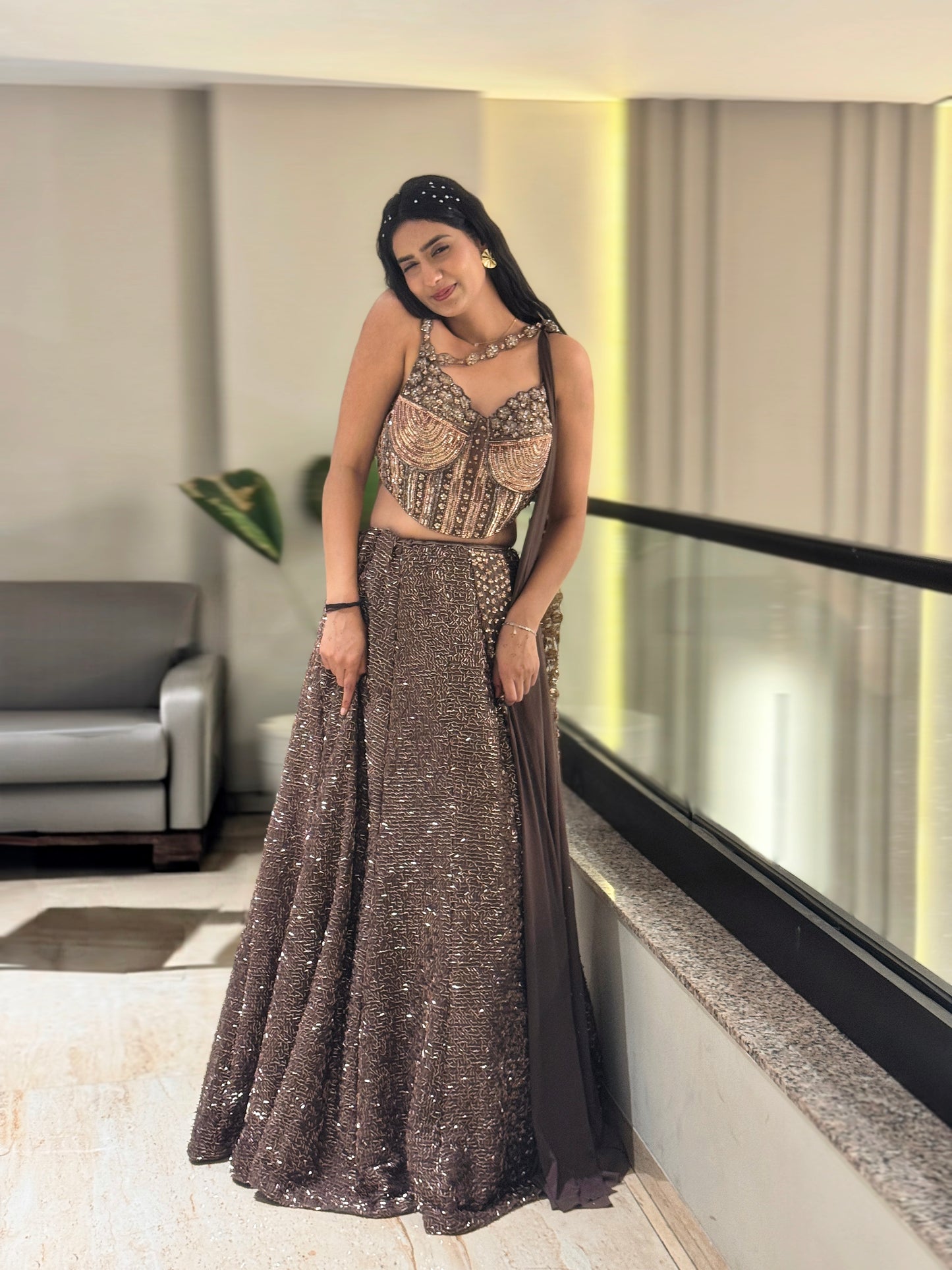 Mocha Glam Sequins Lehenga Set with Statement Blouse & Drape Dupatta