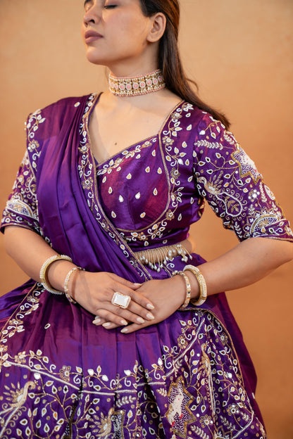 Royal Purple Gaji Silk Lehenga Set with Embroidered Blouse & Dupatta
