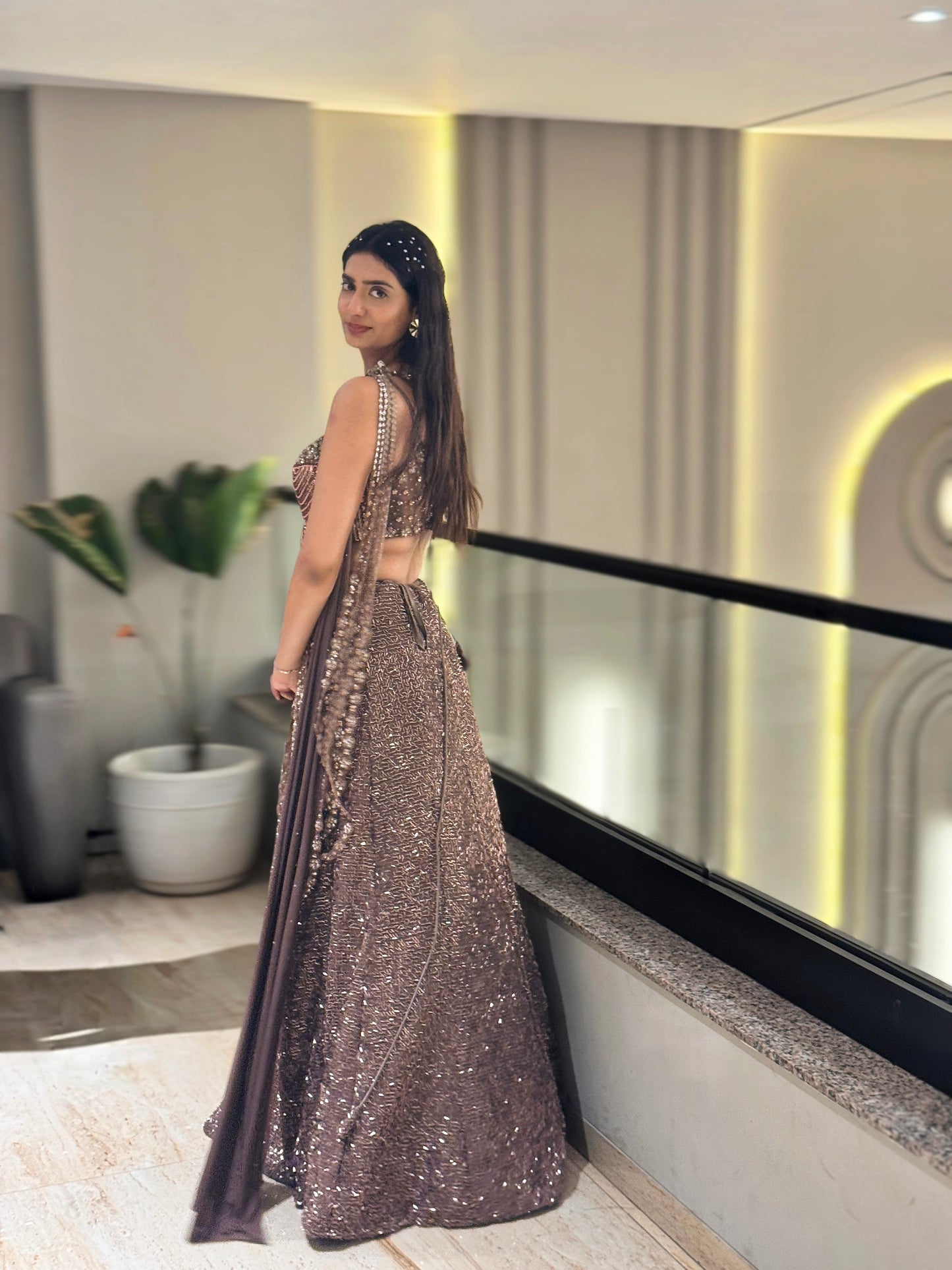 Mocha Glam Sequins Lehenga Set with Statement Blouse & Drape Dupatta