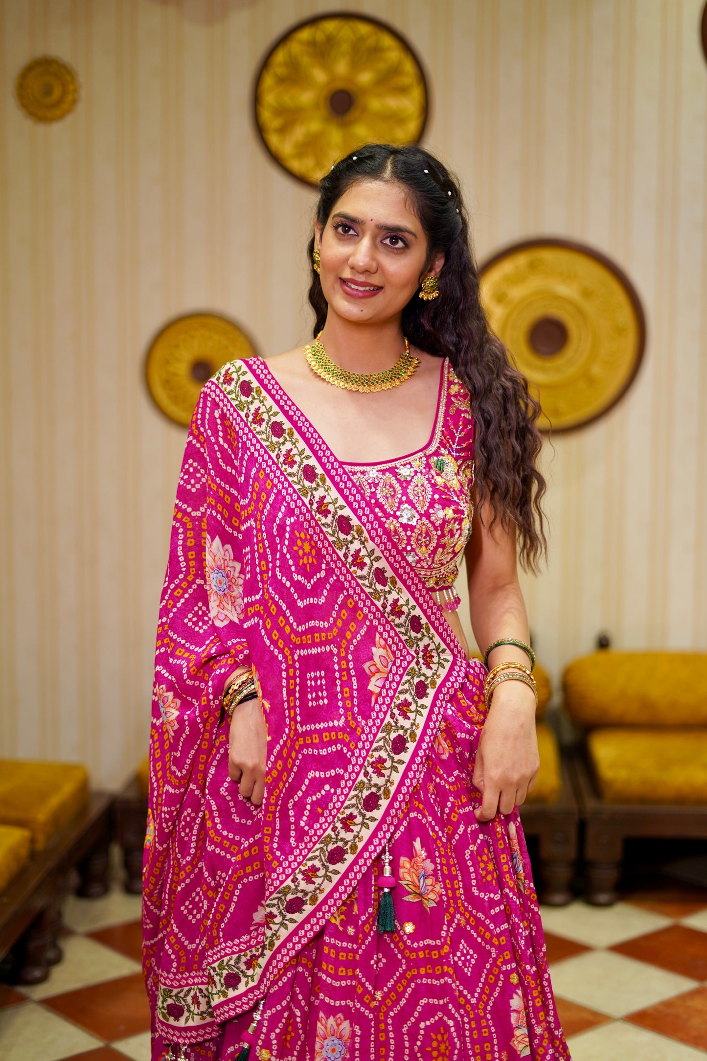 Pink Bandhani Print Lehenga Choli with Embroidered Blouse & Tassel Dupatta