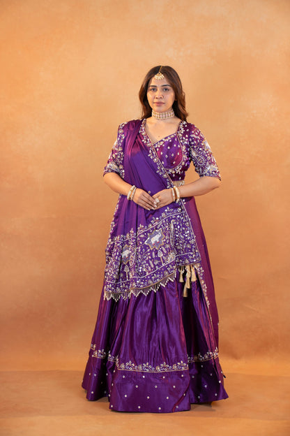 Royal Purple Gaji Silk Lehenga Set with Embroidered Blouse & Dupatta