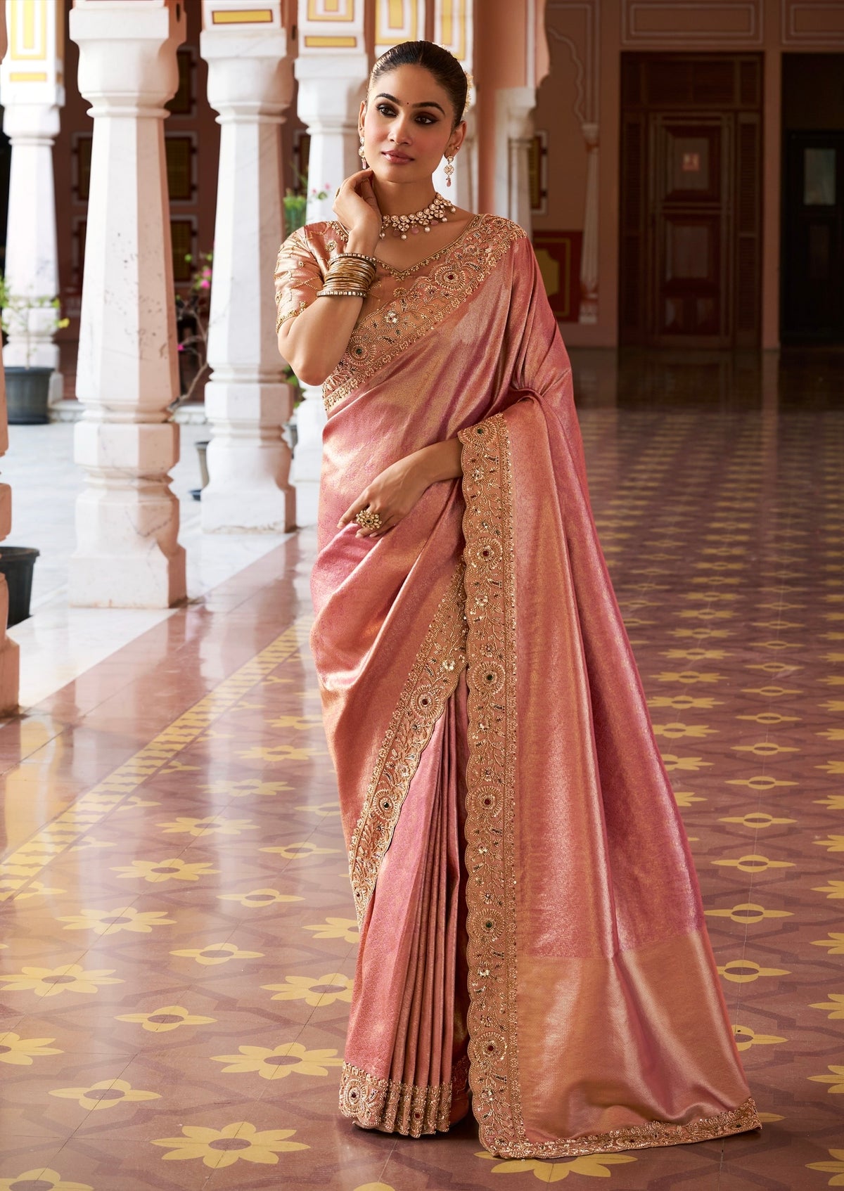 Antique Gold Floral Jacquard Saree