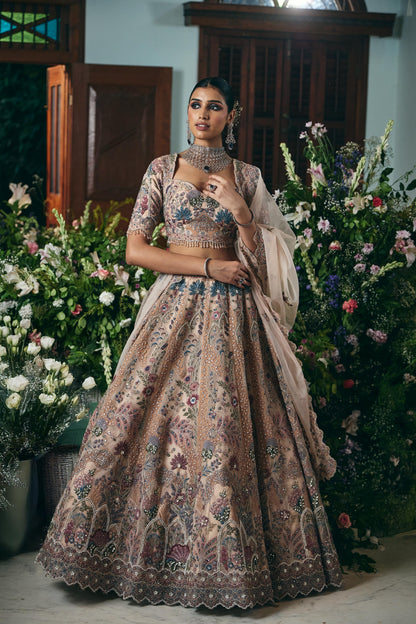 Dusty Rose Floral Embroidered Bridal Lehenga Set with Dupatta