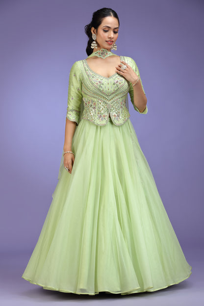 Pistachio Green Embroidered Anarkali Gown with Jacket & Dupatta