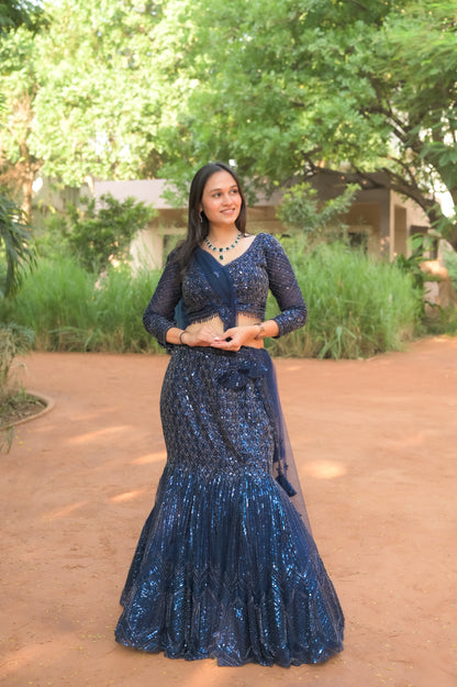 Navy Blue Sequin Embroidered Lehenga Choli Set