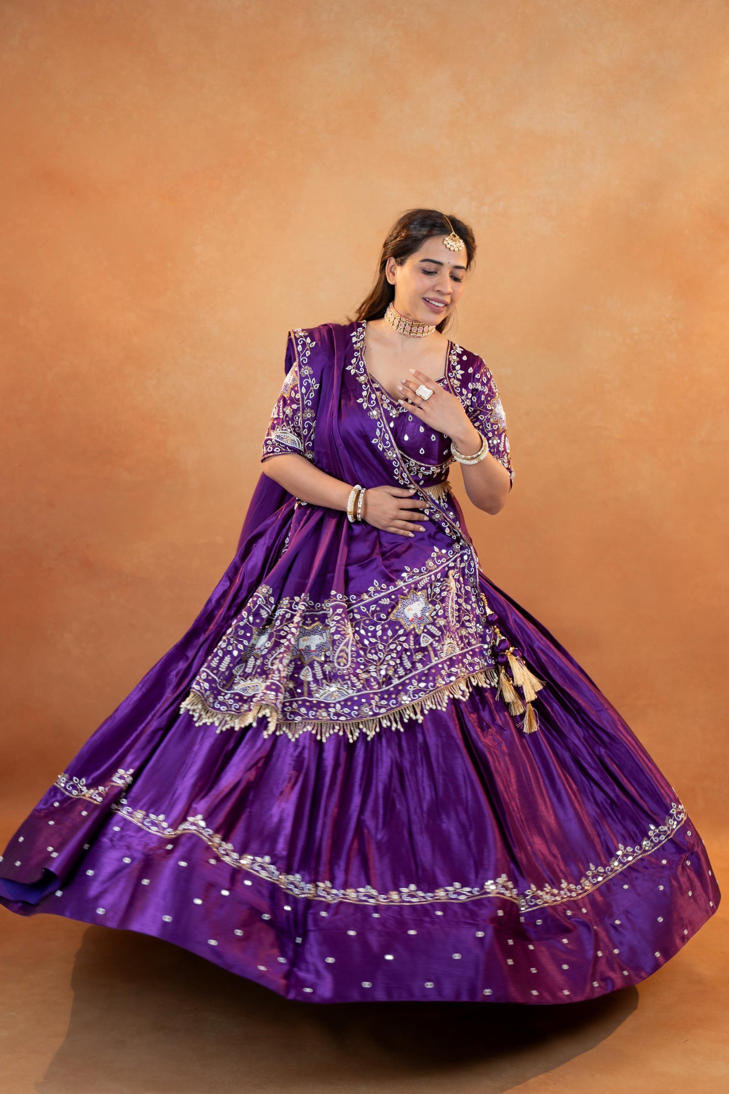 Royal Purple Gaji Silk Lehenga Set with Embroidered Blouse & Dupatta