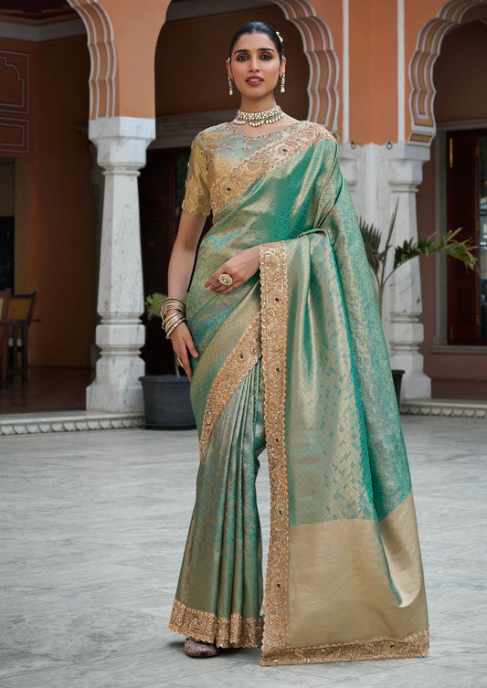 Emerald Teal & Gold Banarasi Silk Saree
