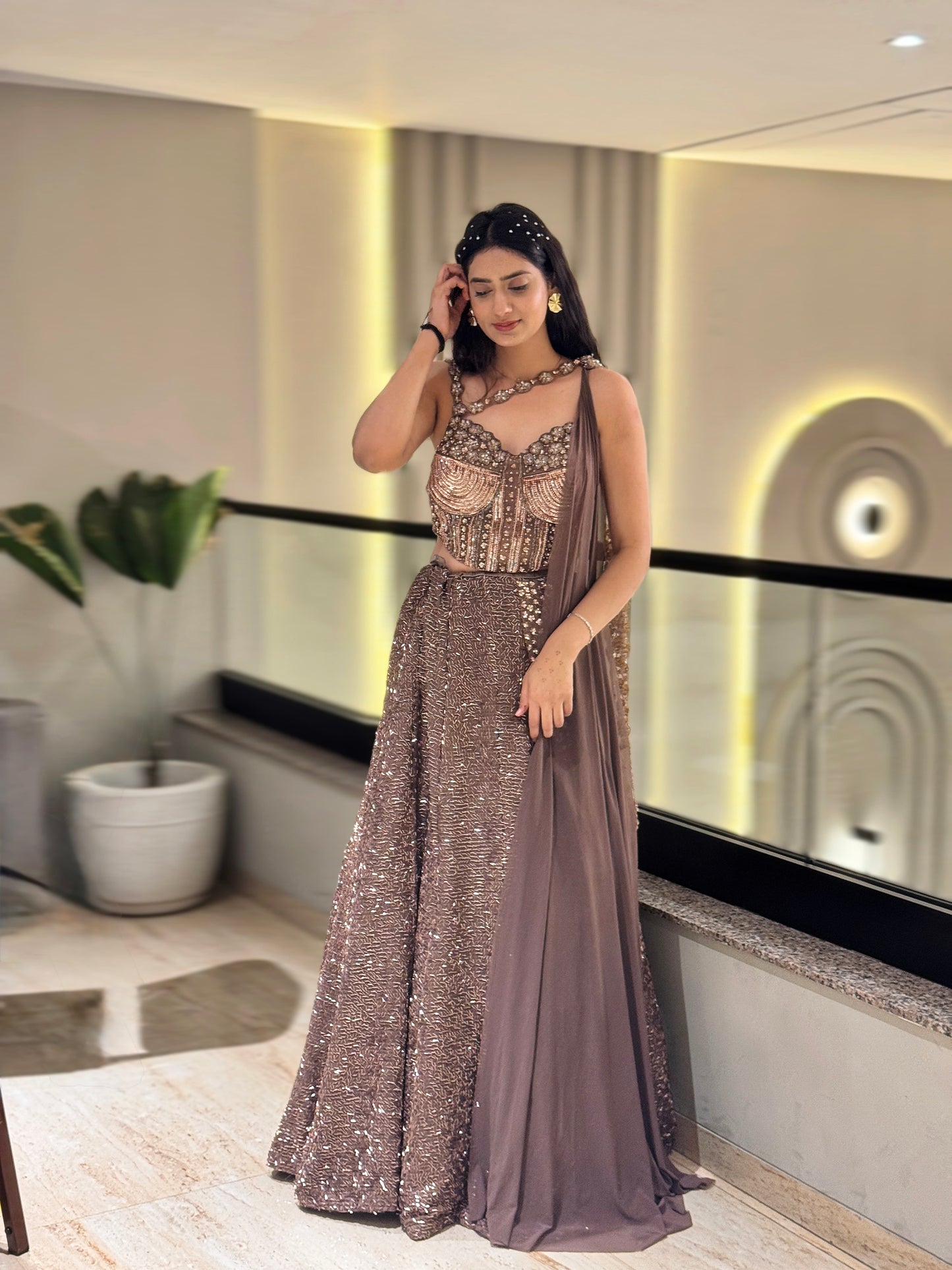 Mocha Glam Sequins Lehenga Set with Statement Blouse & Drape Dupatta