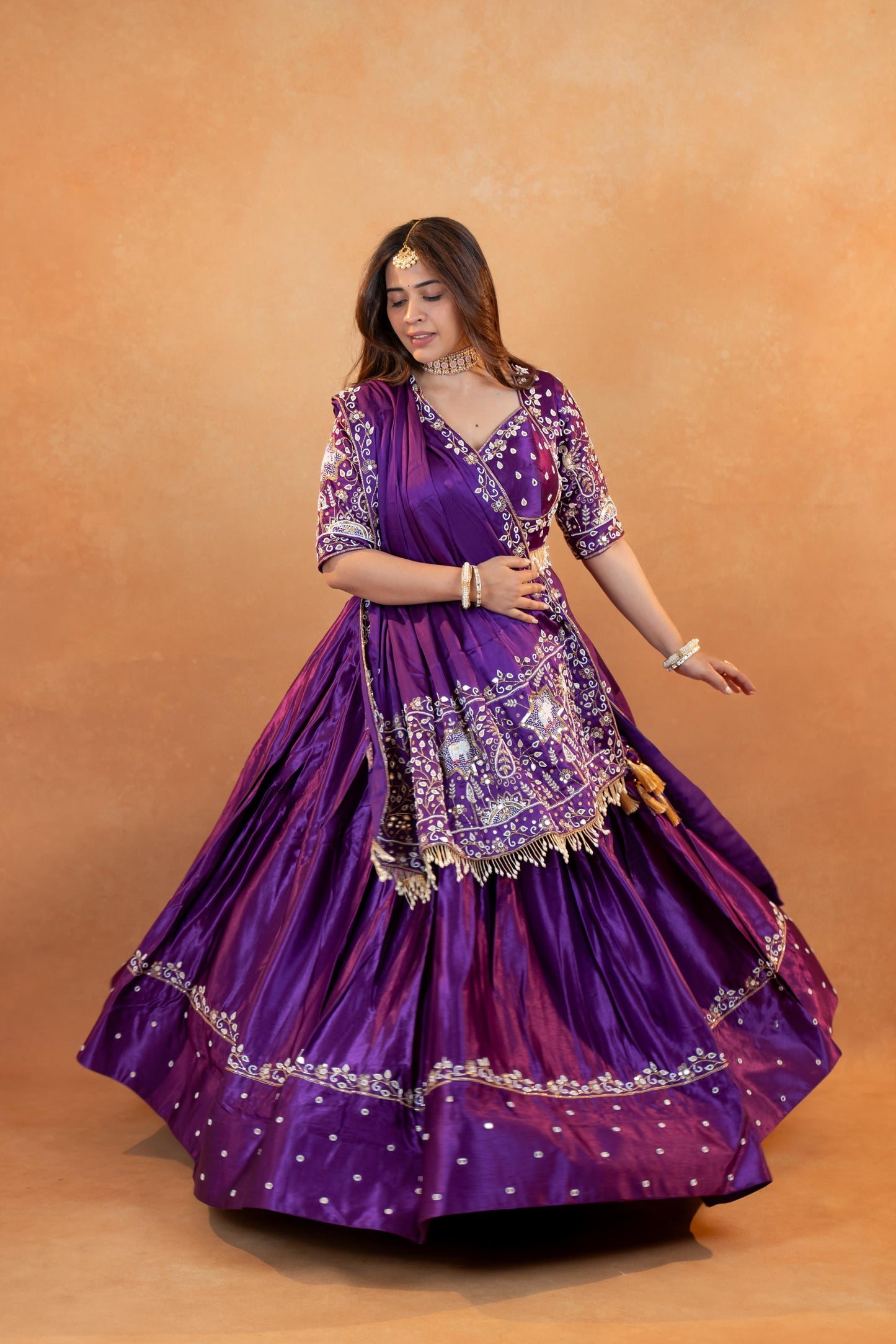 Royal Purple Gaji Silk Lehenga Set with Embroidered Blouse & Dupatta