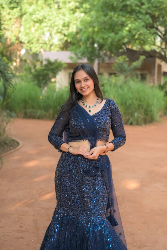Navy Blue Sequin Embroidered Lehenga Choli Set
