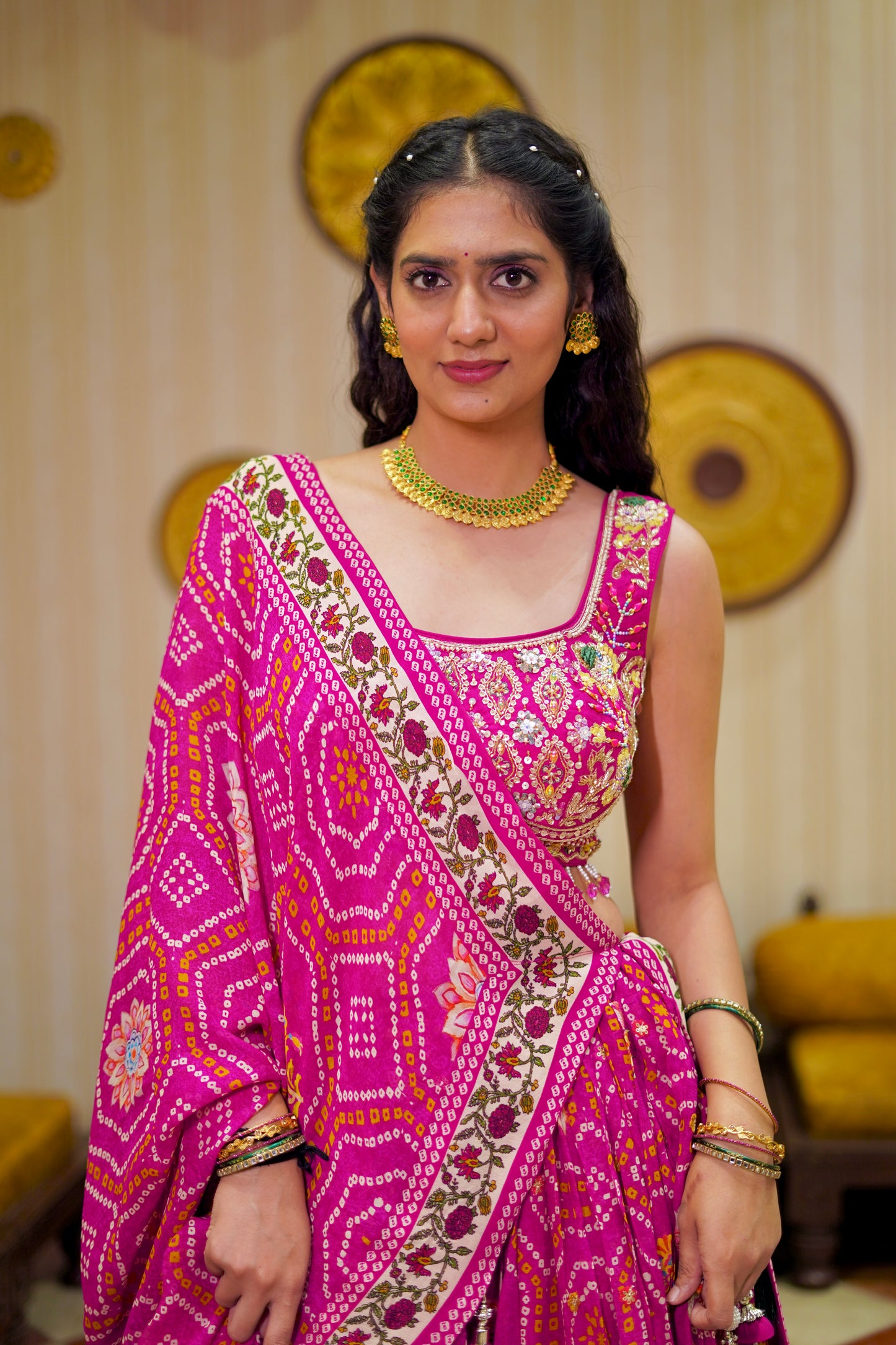 Pink Bandhani Print Lehenga Choli with Embroidered Blouse & Tassel Dupatta