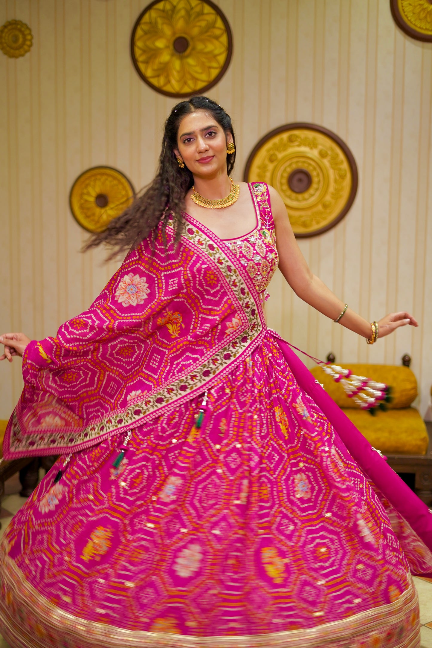 Pink Bandhani Print Lehenga Choli with Embroidered Blouse & Tassel Dupatta
