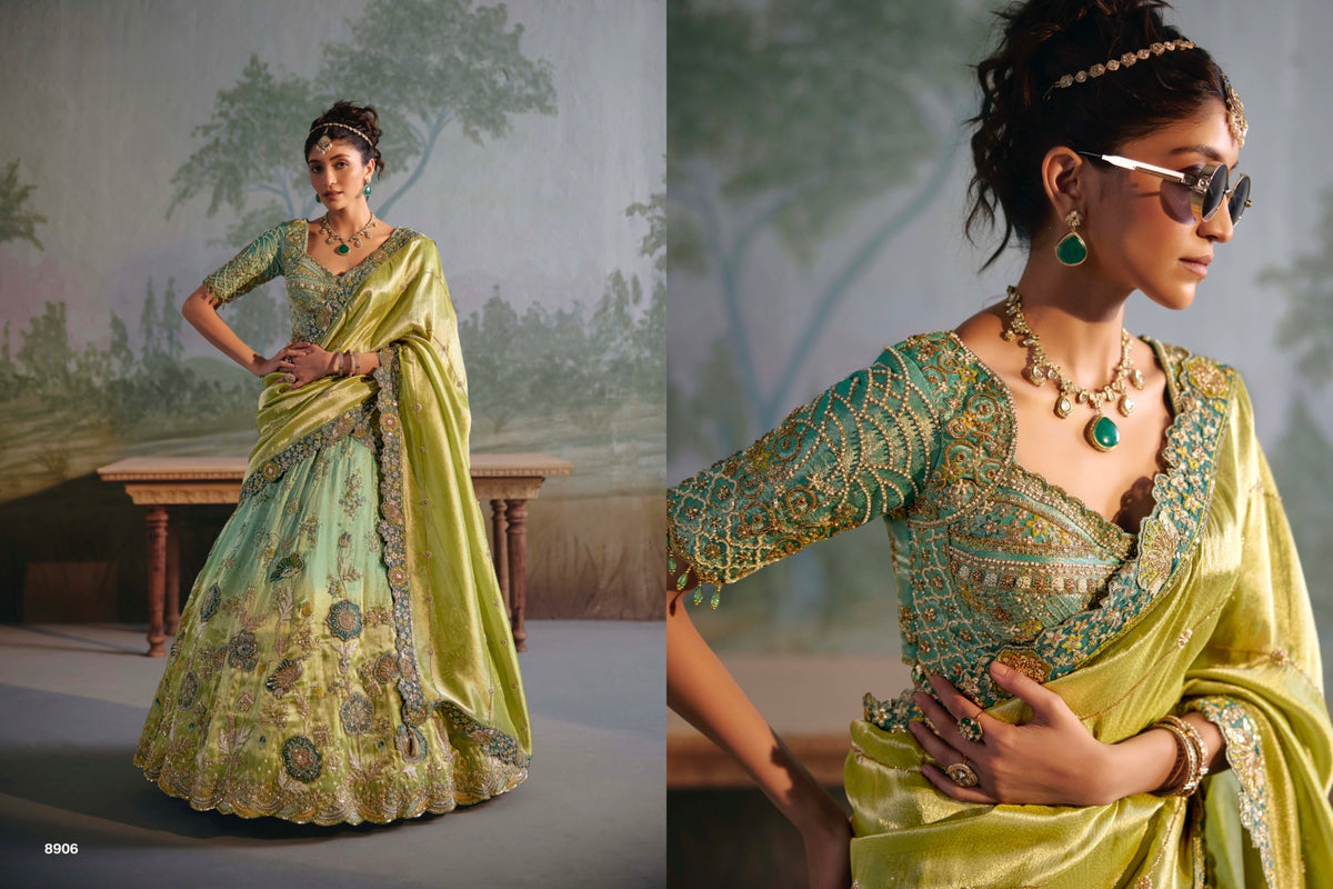 8906 – Mint Green & Lime Green Floral Embroidered Designer Lehenga Set with Dupatta