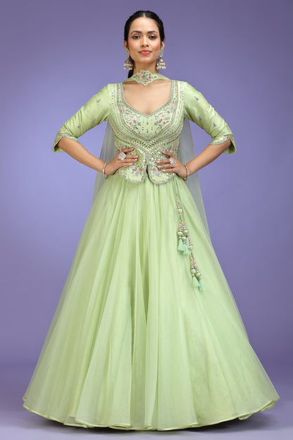 Pistachio Green Embroidered Anarkali Gown with Jacket & Dupatta