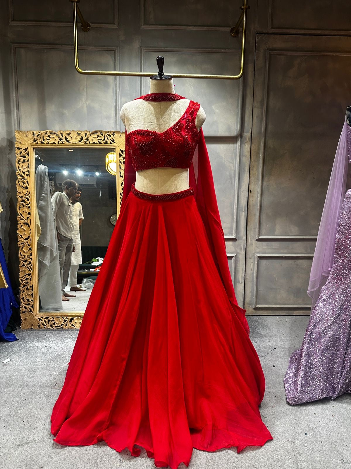 Radiant Red One-Shoulder Designer Lehenga Set