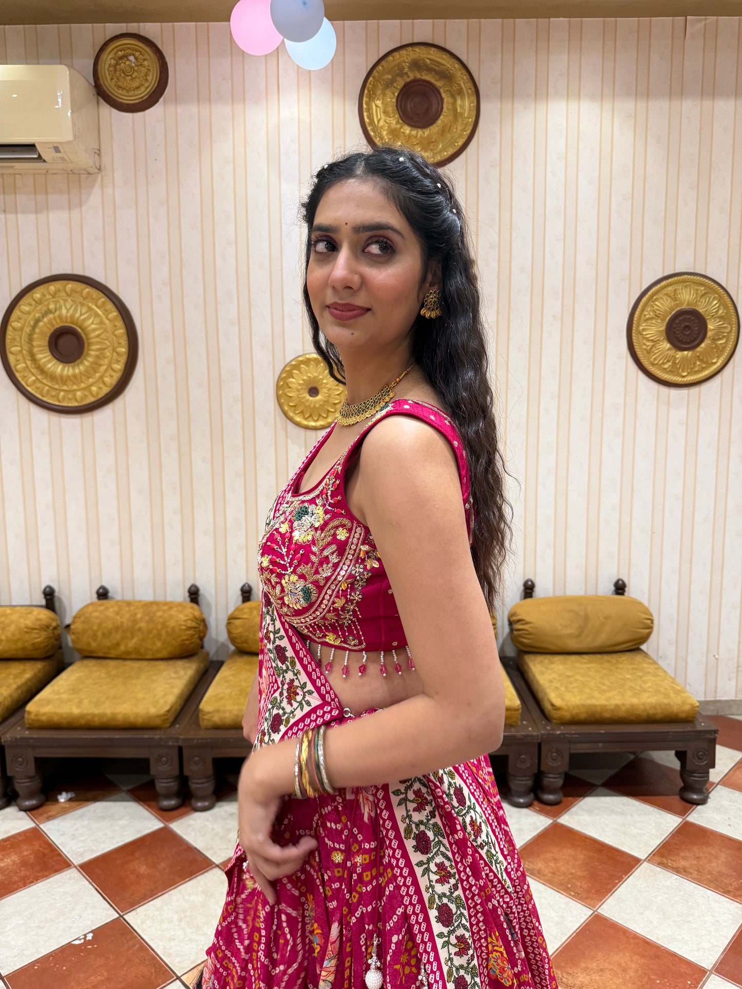 Pink Bandhani Print Lehenga Choli with Embroidered Blouse & Tassel Dupatta