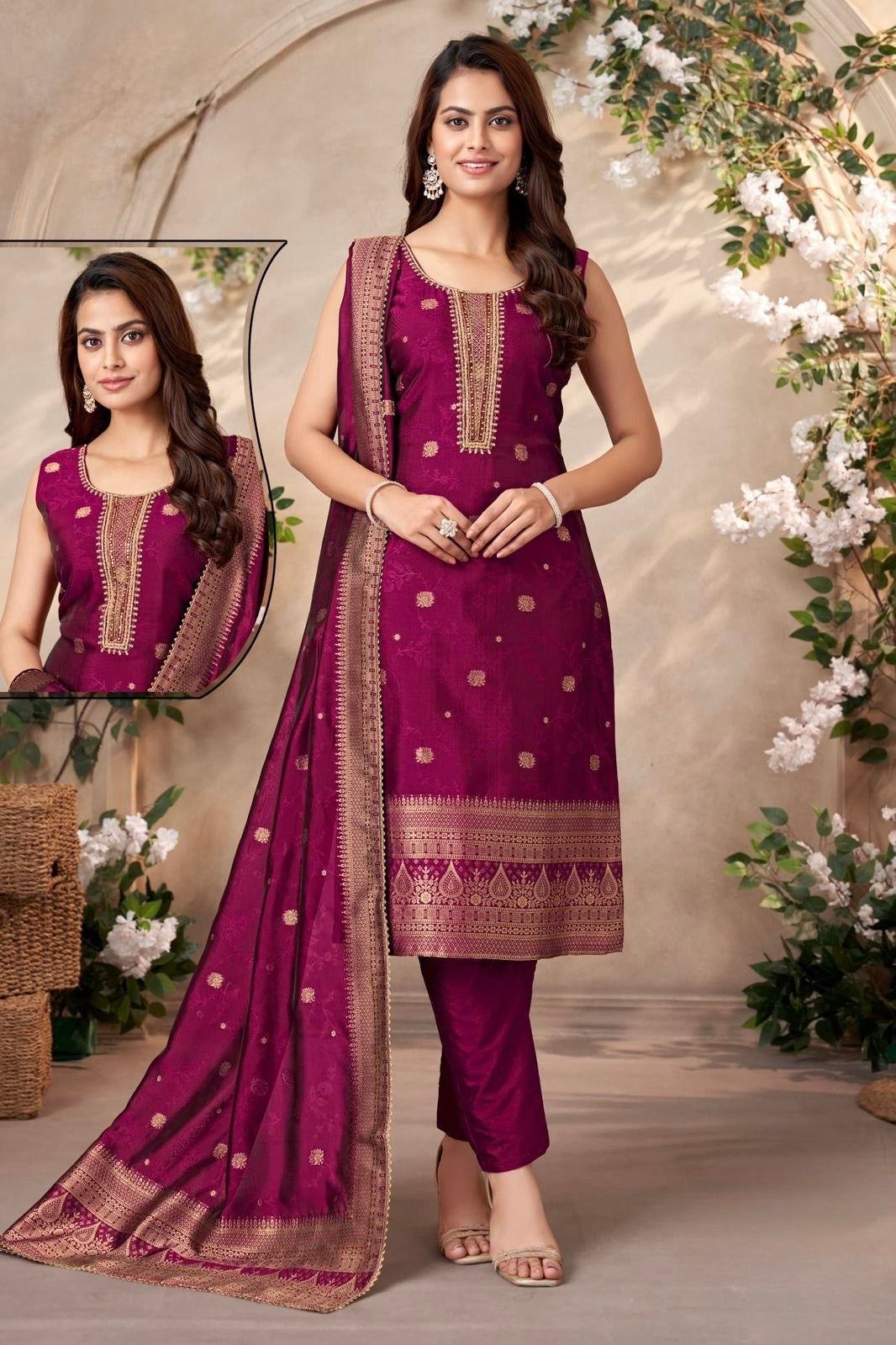 Majestic Plum Gold Embroidered Festive Salwar Suit Set Wine