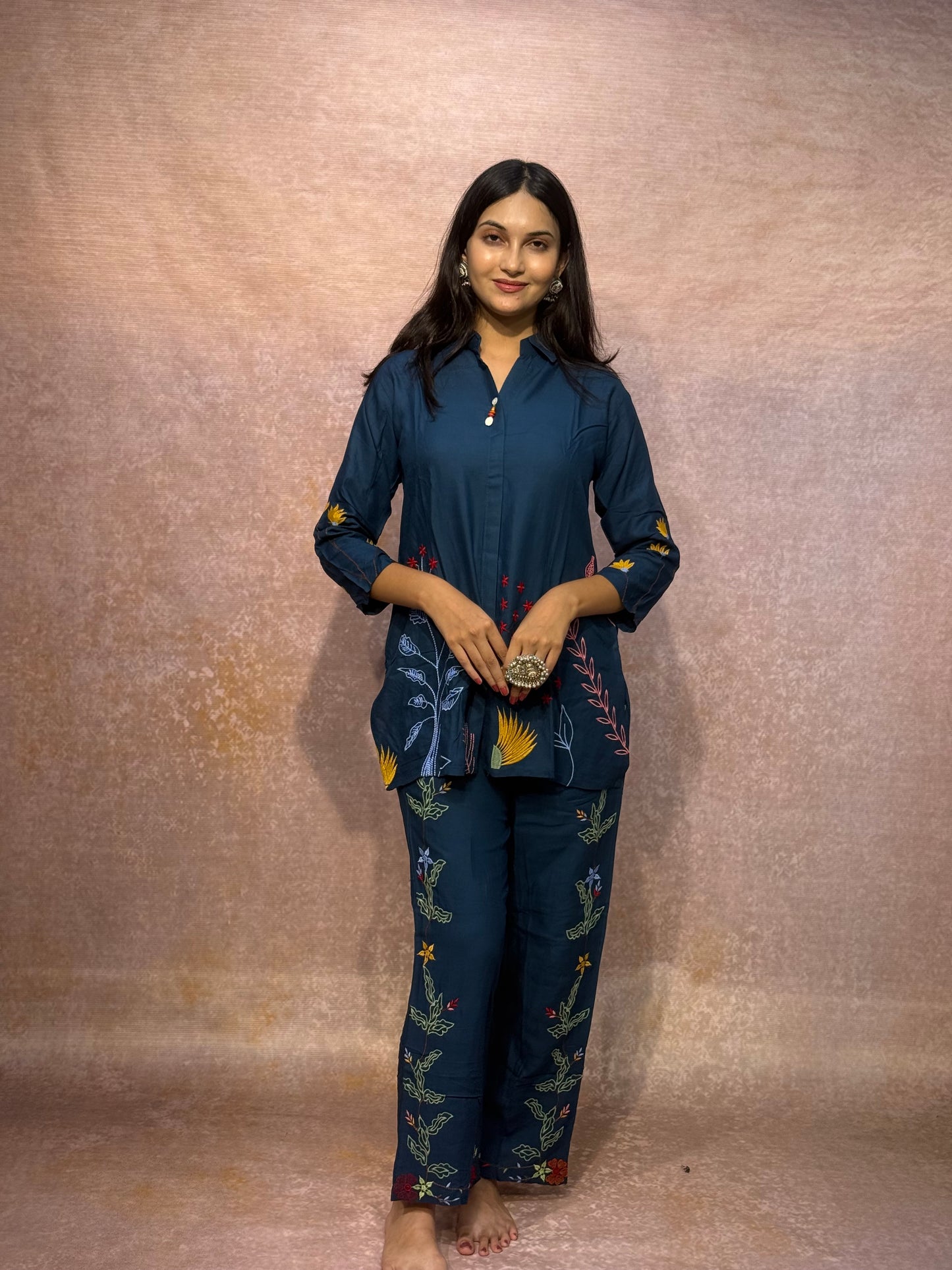 Floral Embroidered Navy Blue Cord Set