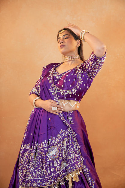 Royal Purple Gaji Silk Lehenga Set with Embroidered Blouse & Dupatta
