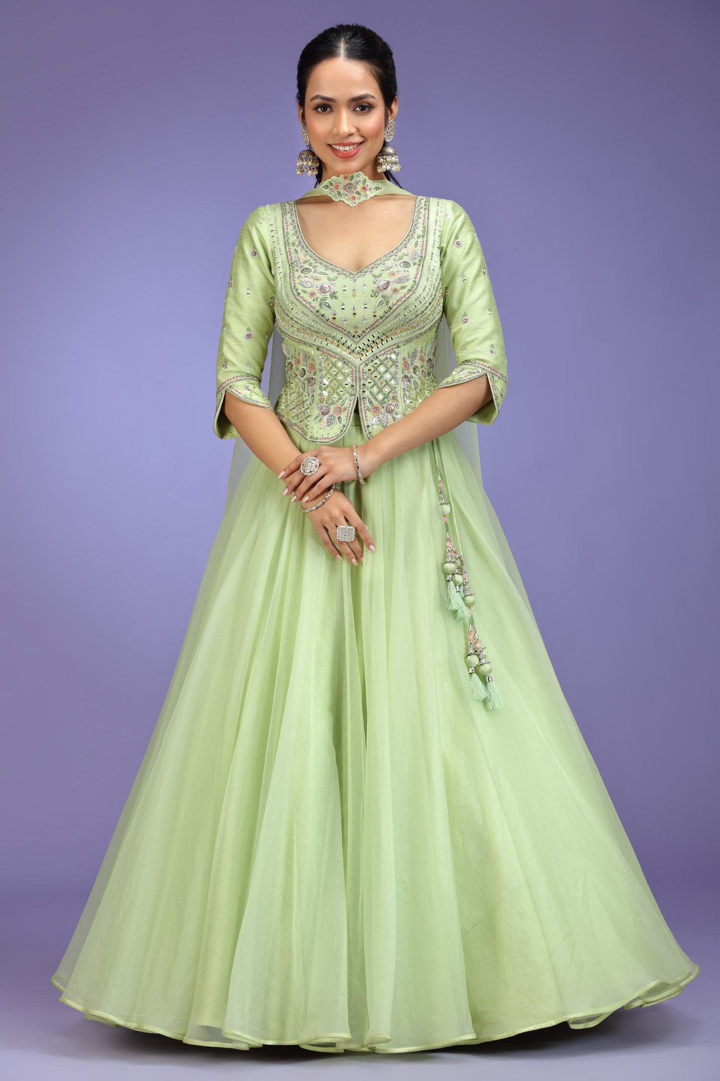 Pistachio Green Embroidered Anarkali Gown with Jacket & Dupatta