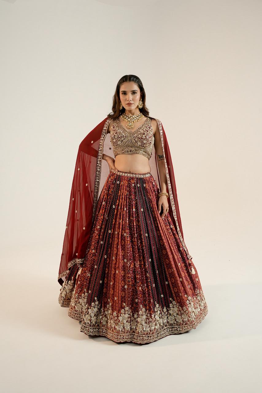 Pure Ajrakh Lehenga paired with a beautifully hand-worked blouse.
Luxury finishing