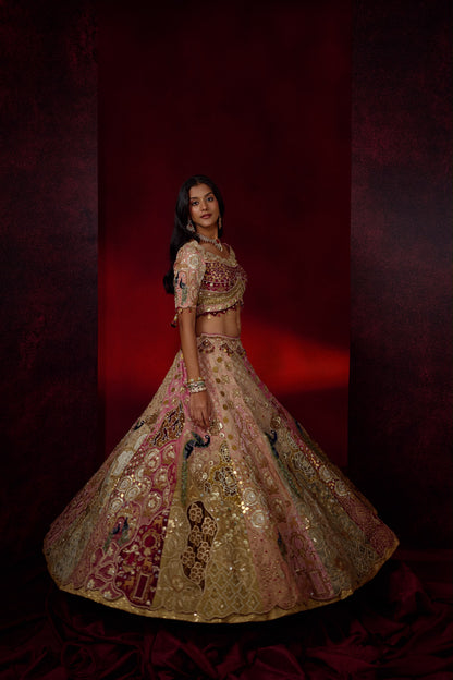 Royal Blush Pink & Antique Gold Bridal Lehenga with Peacock Motifs