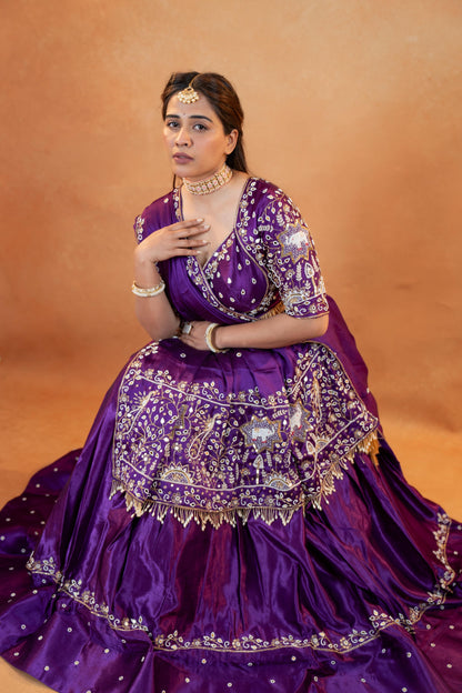 Royal Purple Gaji Silk Lehenga Set with Embroidered Blouse & Dupatta