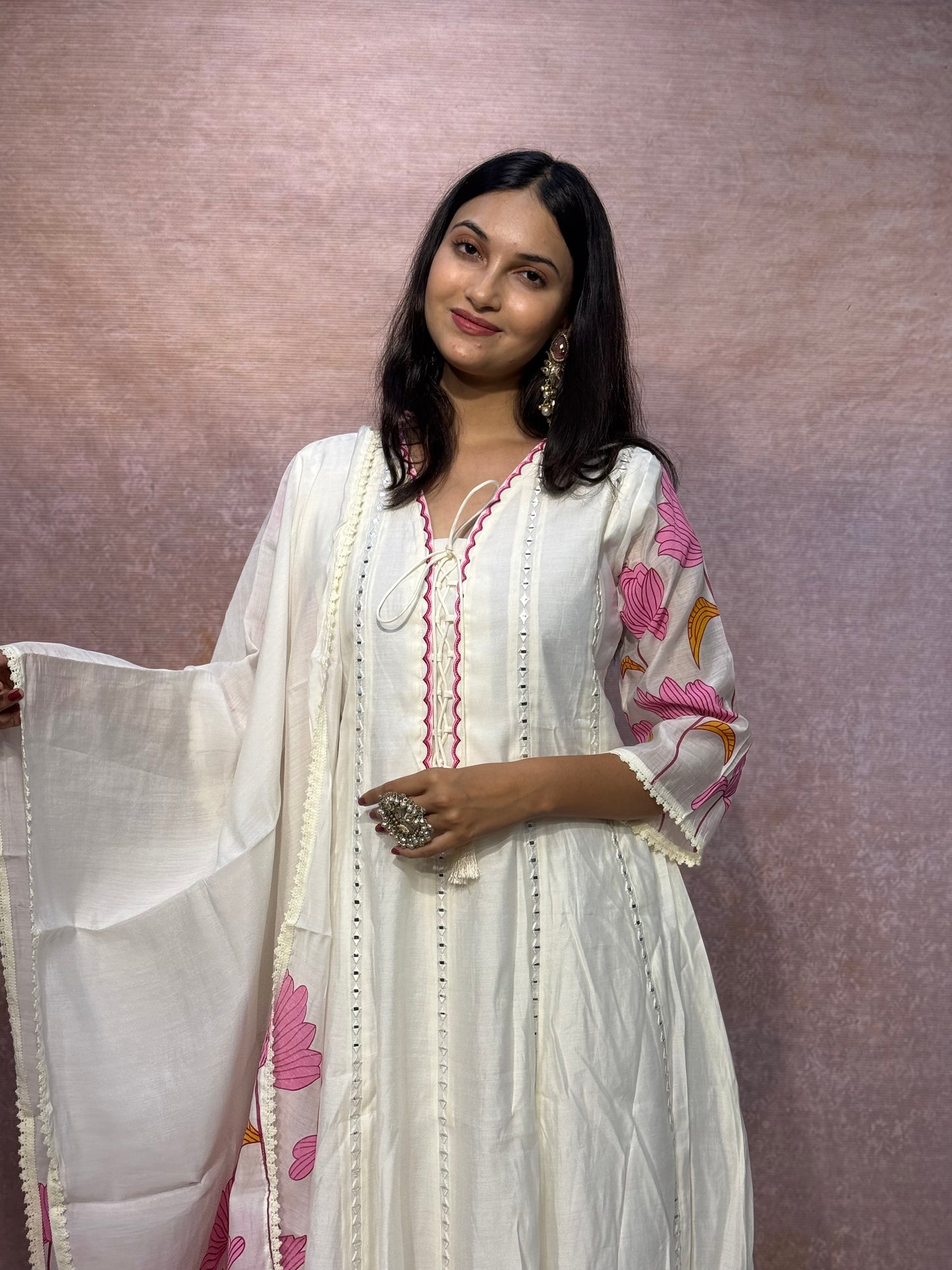 Ivory Floral Printed Anarkali Kurta Set with Dupatta