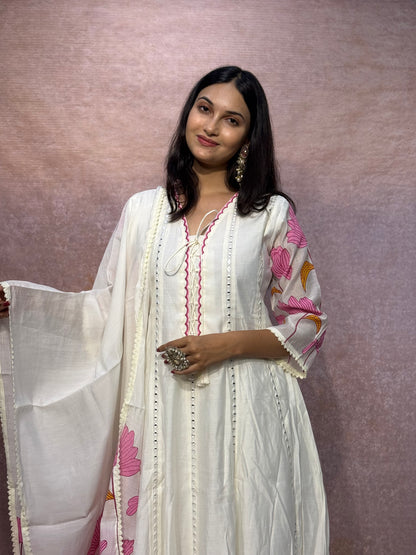 Ivory Floral Printed Anarkali Kurta Set with Dupatta