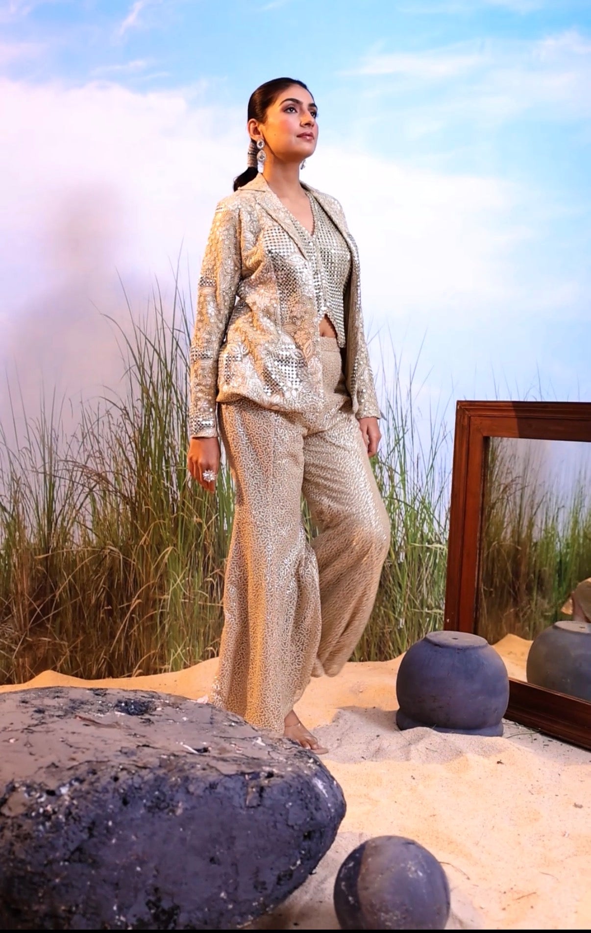 Champagne Gold Embellished Indo-Western Co-Ord Set with Blazer