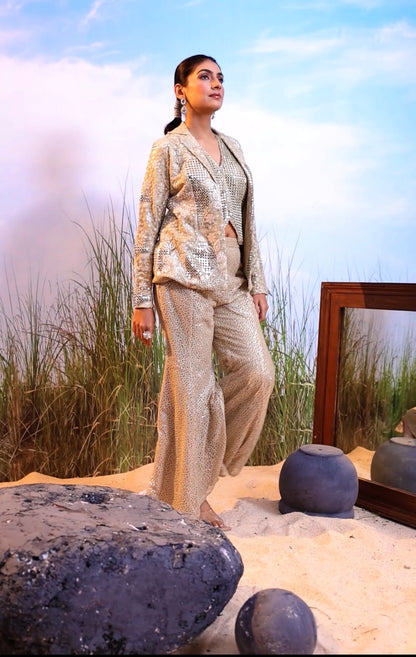 Champagne Gold Embellished Indo-Western Co-Ord Set with Blazer