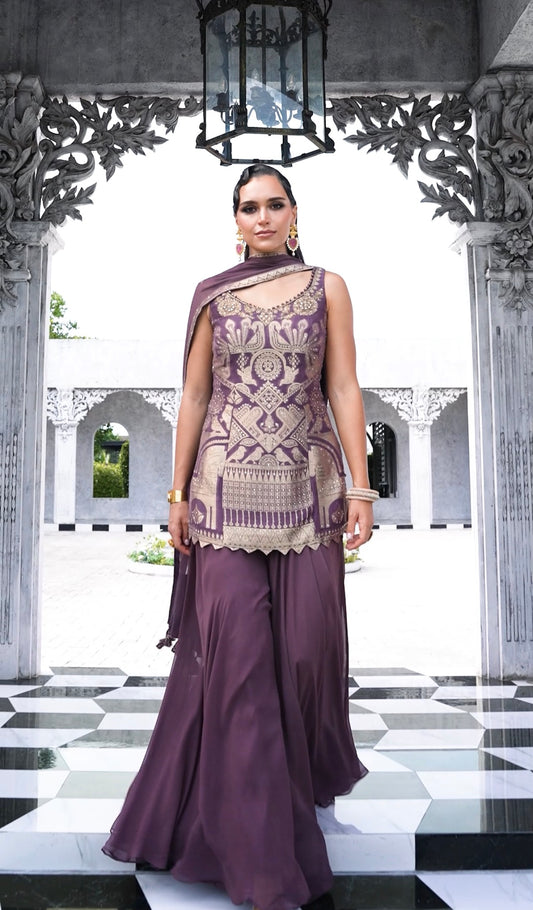 Wine Purple Embroidered Indo-Western Kurta Sharara Set with Dupatta