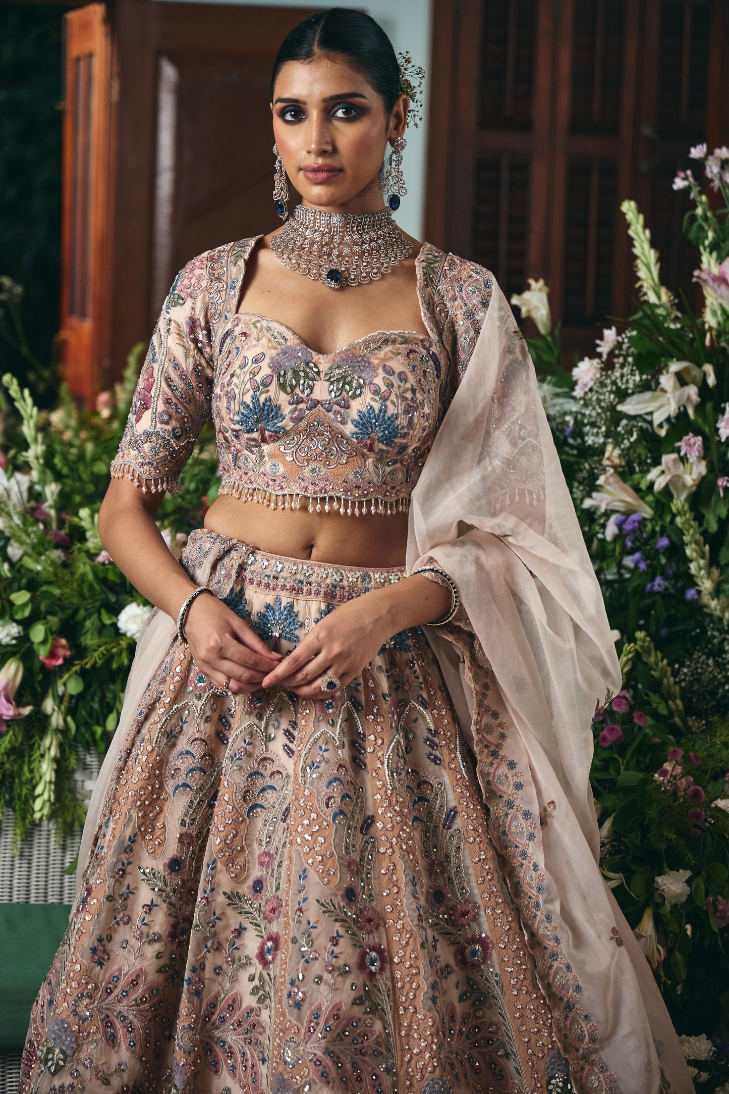 Dusty Rose Floral Embroidered Bridal Lehenga Set with Dupatta