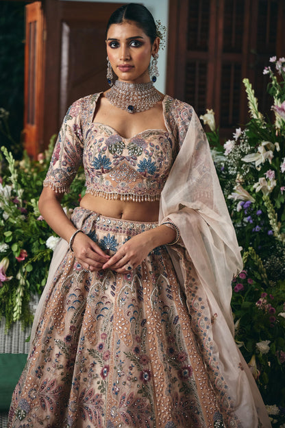 Dusty Rose Floral Embroidered Bridal Lehenga Set with Dupatta