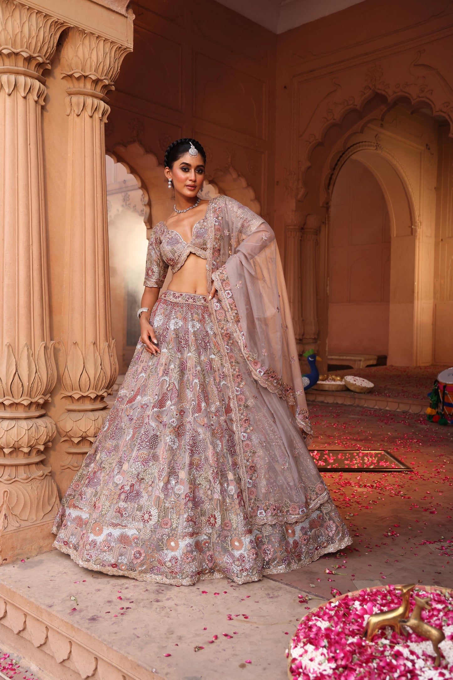 Dusty Rose Pastel Embroidered Designer Lehenga Set