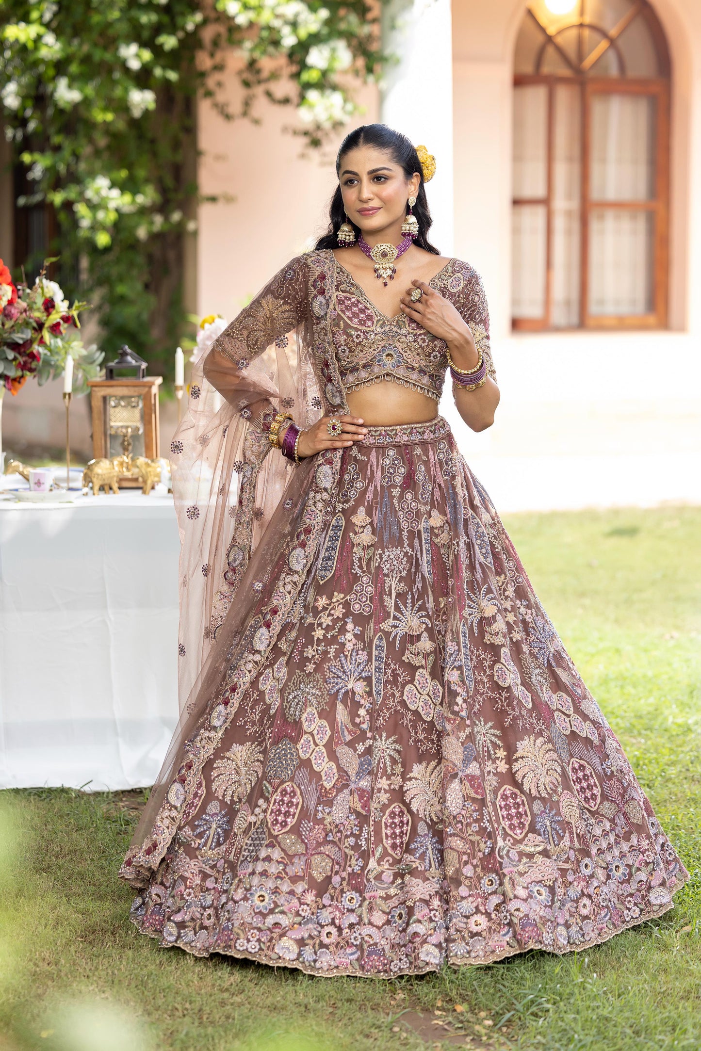 Dusty Rose Heavy Embroidered Bridal Lehenga Set with Net Dupatta