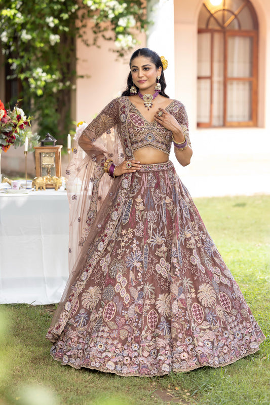 Dusty Rose Heavy Embroidered Bridal Lehenga Set with Net Dupatta